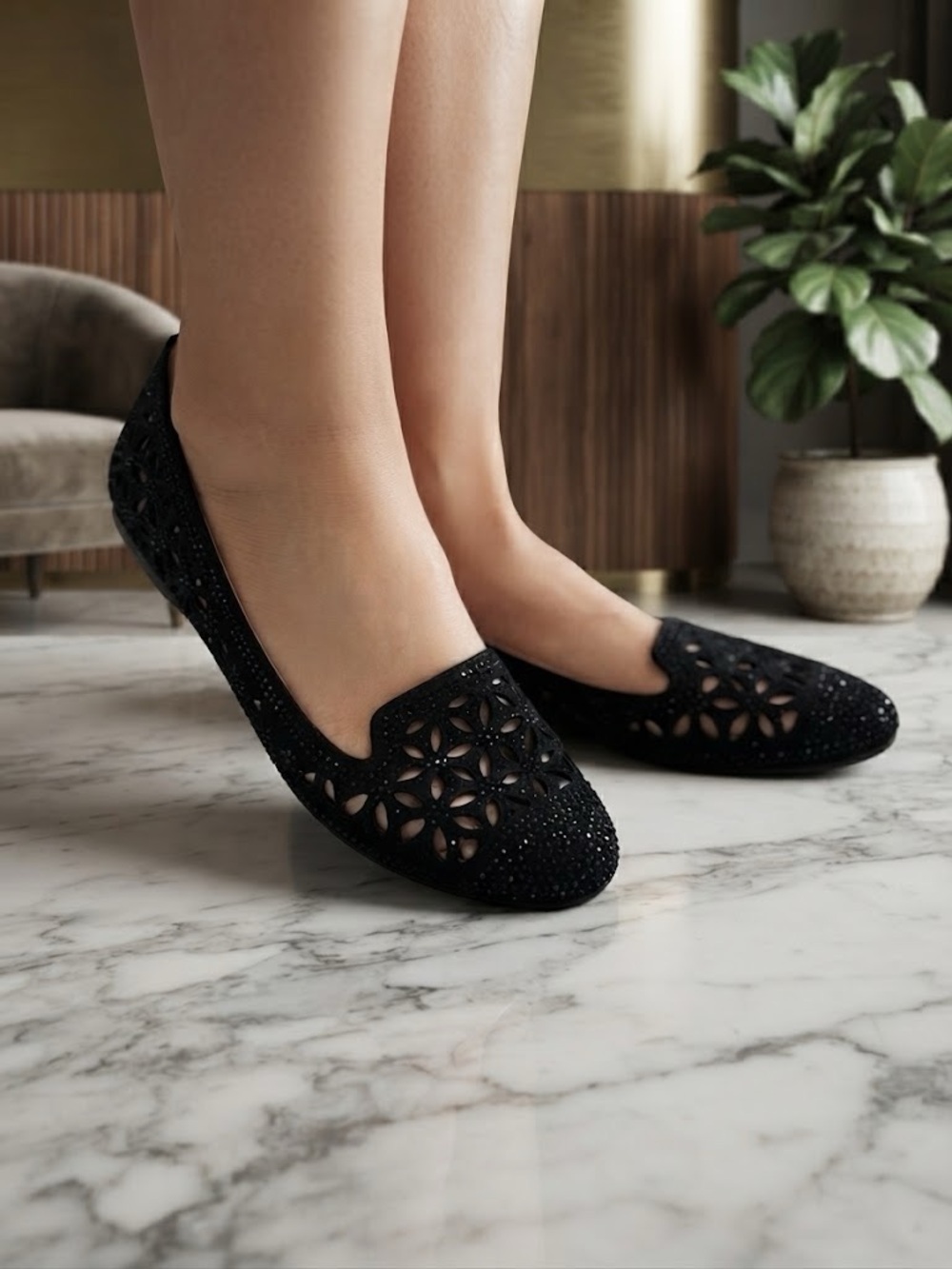 Forever 21 Black Laser-Cut Crystal Ballet Flats